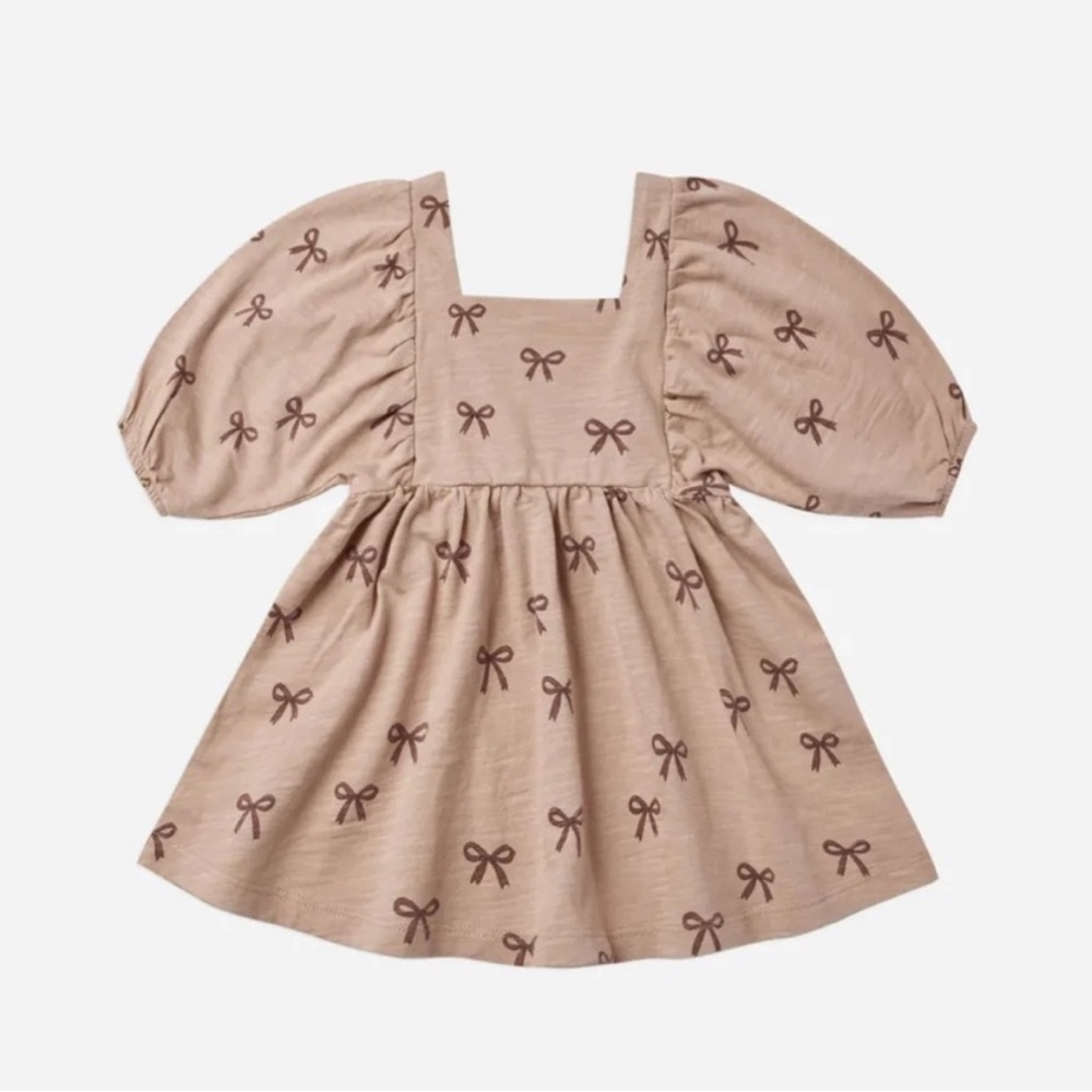 Rylee + Cru Beige Puff-Sleeve Bow Print Kids Dress